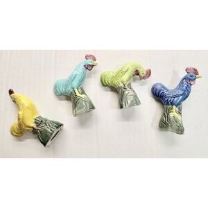 Vintage Chinese Ceramic Roosters Miniature Set of 4 Export Figurines Handpainted